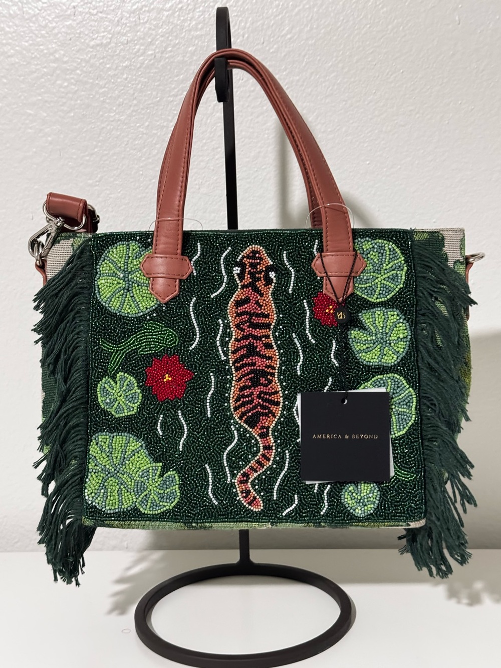 Into the Wild Fringe Top Handle Bag Beaded Tiger America and Beyond VHTF NWT